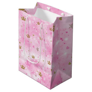 Pink Princess Hearts Stars & Crowns Birthday Party Medium Gift Bag