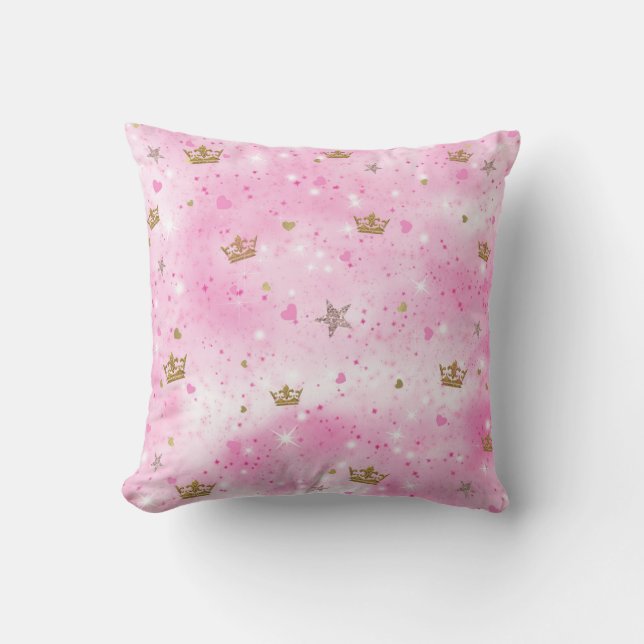 Pink Princess Hearts Stars & Crowns Throw Pillow (Front)