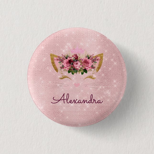Pink Princess Kitty Rose Gold Blush Pink Glitter 1 Inch Round Button (Front)