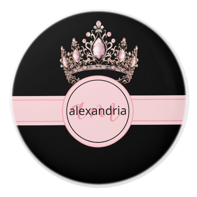 Pink Princess Monogram Tiara Girly Ceramic Knob (Front)