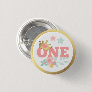 Pink Princess "One" Crown Baby Girl First Birthday 1 Inch Round Button