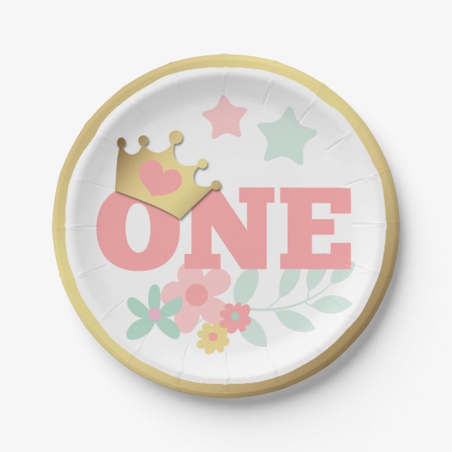 Pink Princess "One" Crown Baby Girl First Birthday Paper Plate (Front)