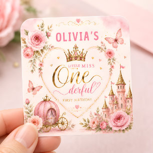 Pink Princess One-derful Birthday Square Sticker