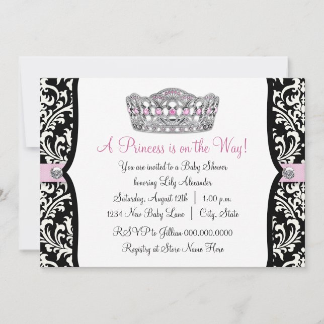 Pink Princess Pink Black Damask Baby Shower Invitation (Front)
