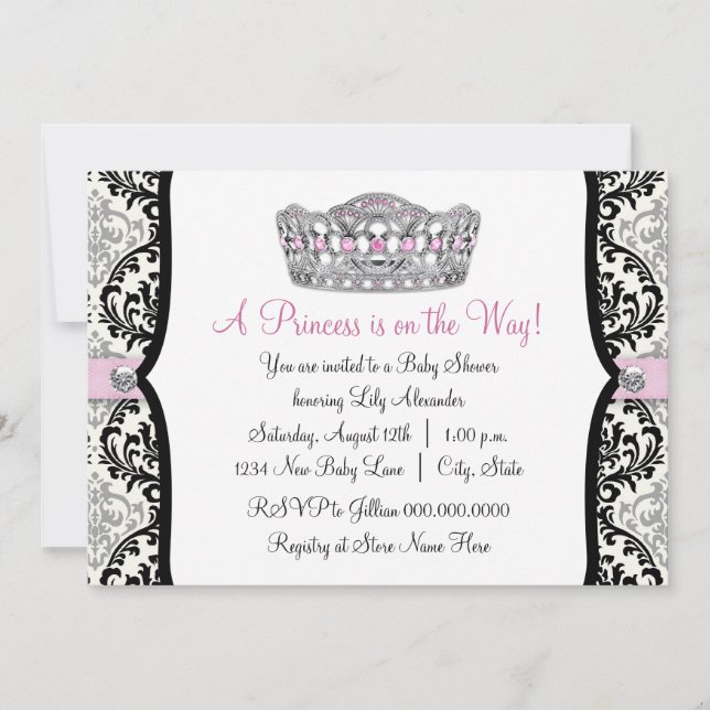 Pink Princess Pink Black Damask Baby Shower Invitation (Front)