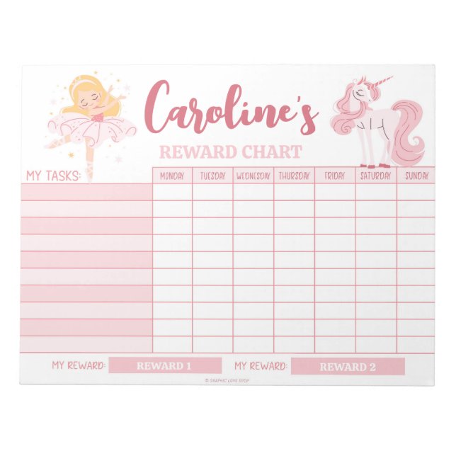 Pink Princess Reward Chart Personalized Name Tasks Notepad (Front)