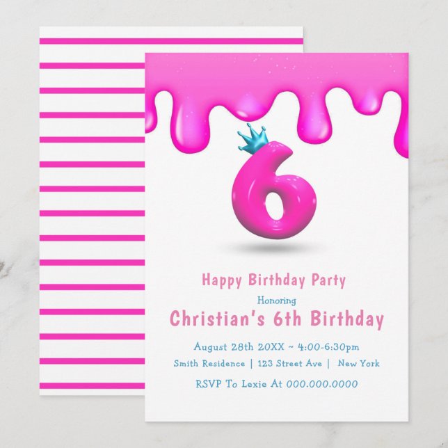 Pink Princess Slime 6th Birthday Invitations (Front/Back)