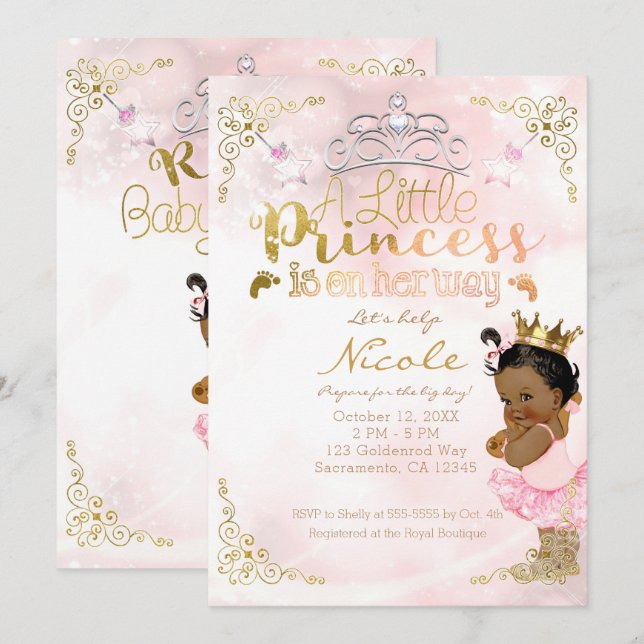 Pink Princess Sparkle Ethnic Dark Skin Baby Shower Invitation (Front/Back)