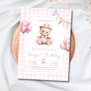 Pink Princess Teddy Bear Beary 1st Birthday  Invitation
