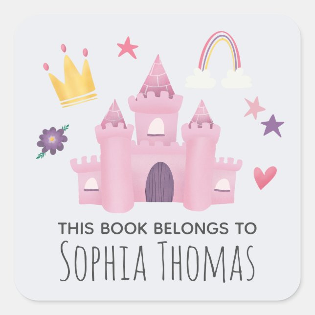 Pink Princess 'This Book Belongs' Kids Bookplate Square Sticker (Front)