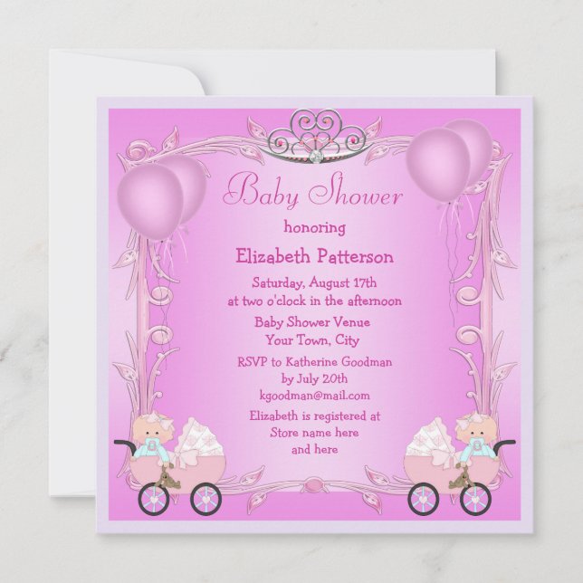 Pink Princess Twin Girls in Strollers Baby Shower Invitation (Front)