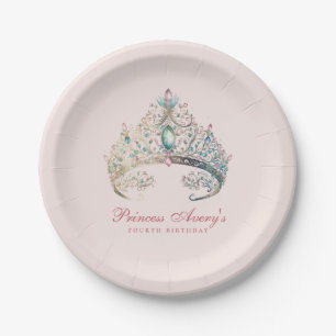Pink Princess Watercolor Tiara Birthday Paper Plate