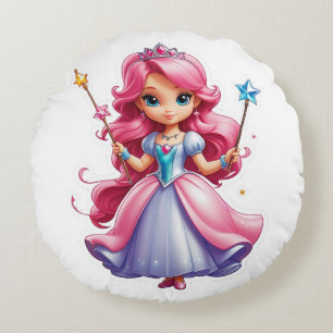 Pink Princess With Magical Wand And Tiara Round Pillow