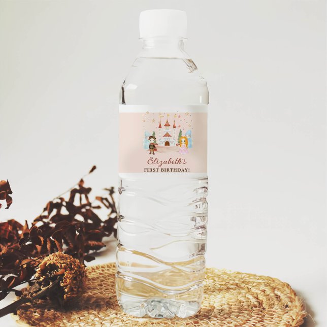 Pink Princesses and Knights Girl Birthday Water Bottle Label (Creator Uploaded)