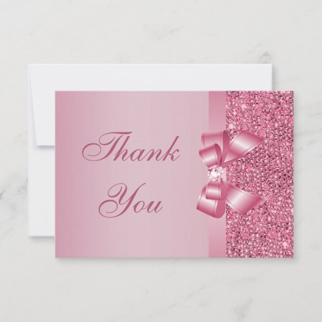 Pink Printed Sequins Bow & Diamond Thank You Card (Front)