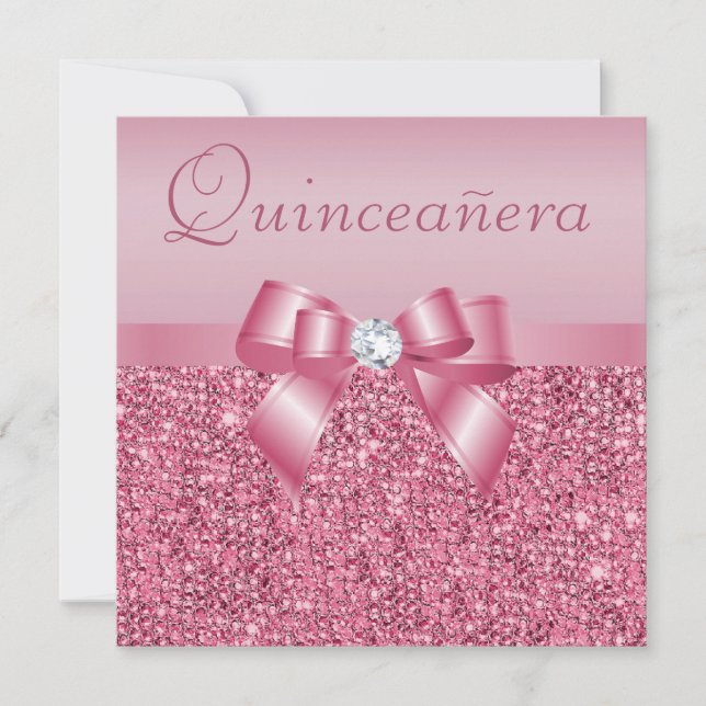 Pink Printed Sequins & Bow Quinceanera Invitation (Front)