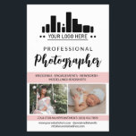 Pink Professional Photographer Your Logo Flyer<br><div class="desc">Marketing flyer for a professional photographer personalized with your photos, logo, contact information, custom text, and profile photo in a charming pink, black, and white design. Feminine and chic professional photography flyer in a clean design with a pink accent colour and a charming script personalized with your logo and photos...</div>
