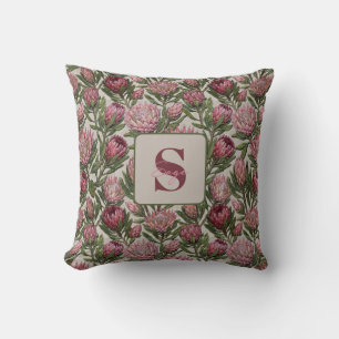 Pink Protea Embroidery Floral Monogram Throw Pillow