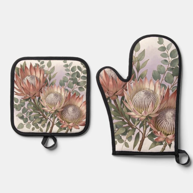 Pink Protea Eucalyptus Botanical Arrangement  Oven Mitt & Pot Holder Set (Front)