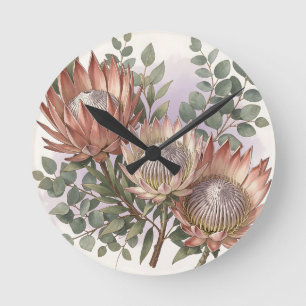 Pink Protea Eucalyptus Botanical Arrangement  Round Clock