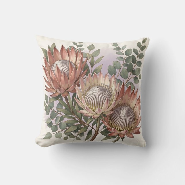 Pink Protea Eucalyptus Botanical Arrangement  Throw Pillow (Front)