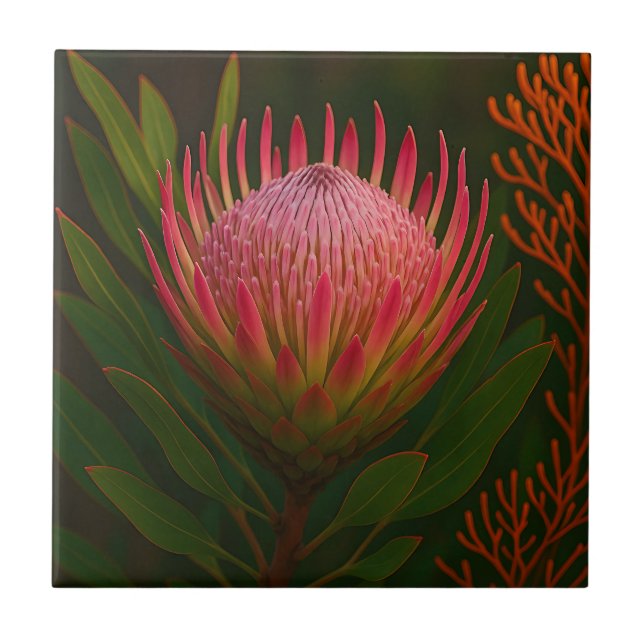 Pink Protea Flower Exotic Bloom Tile (Front)