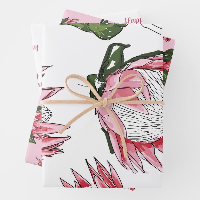 Pink Protea watercolor Wrapping Paper Set of 3 (In situ)