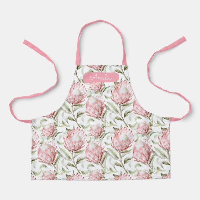 Pink Proteas Floral Apron personalized for kids (Front)