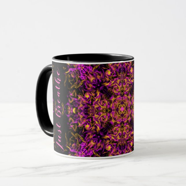 Pink Psychedelic Bohemian Mandala Just Breathe Mug (Front Left)