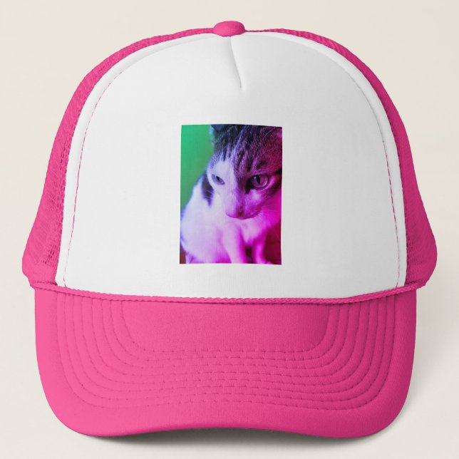 Pink psychedelic tabby cat has pink & purple eyes. trucker hat (Front)