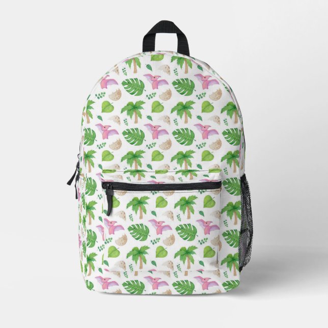 Pink Pterodactyl & Tropical Foliage Pattern Printed Backpack (Front)