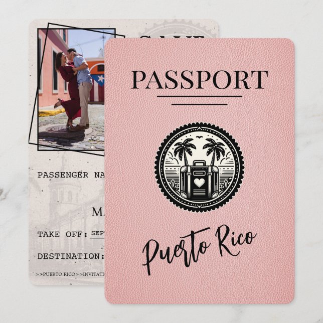 Pink Puerto Rico Passport Save The Date (Front/Back)