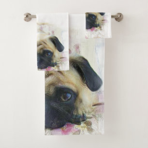 Pink pug dog bath towel set