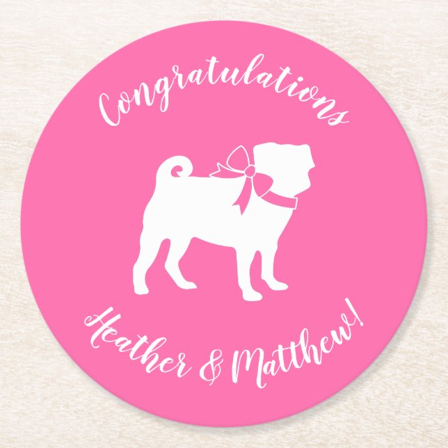 Pink Pug Dog Theme Party Celebration Round Paper Coaster (Front)