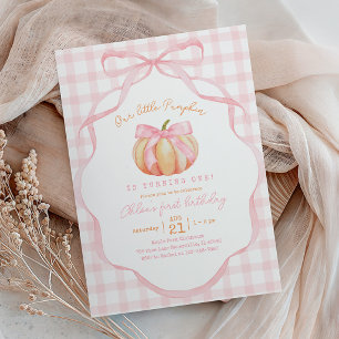 Pink Pumpkin 1st Birthday Bow and Plaid Invitation