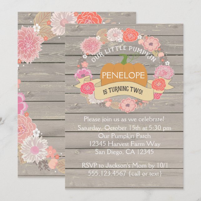 Pink Pumpkin 2nd Birthday Party Invitation (Front/Back)