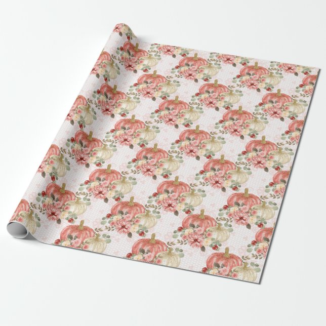 Pink Pumpkin and Flowers Gift Favour Wrapping Paper (Unrolled)