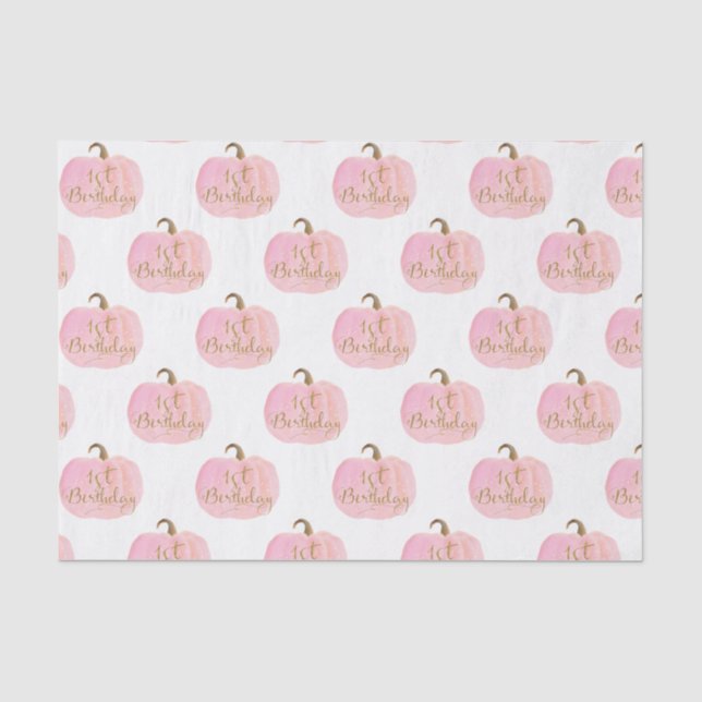 Pink Pumpkin Autumn Fall Gold 1st Birthday Party Tissue Paper (Front)
