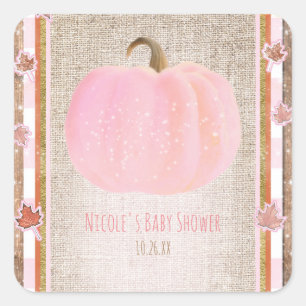 Pink Pumpkin Autumn Fall Rustic Baby Shower Square Sticker