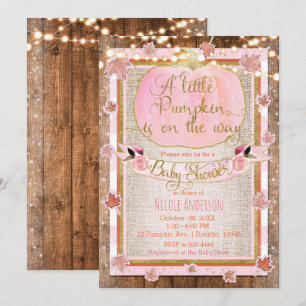 Pink Pumpkin & Autumn Leaves Rustic Baby Shower Invitation