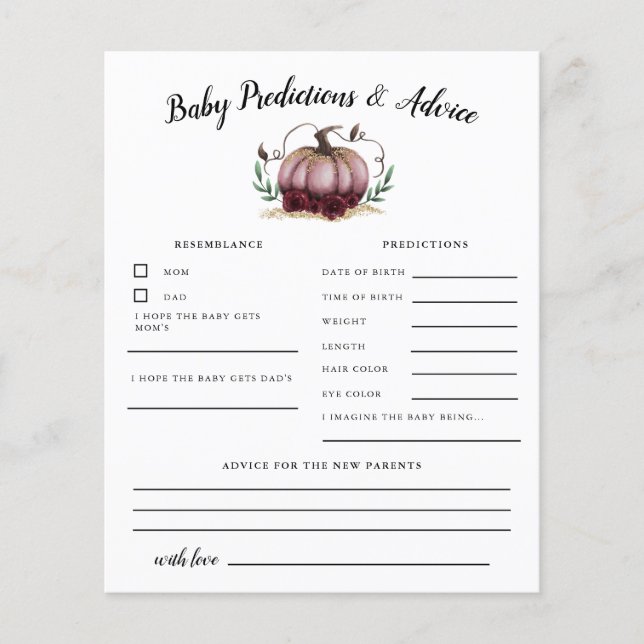 Pink Pumpkin Baby Predictions & Advice Card (Front)