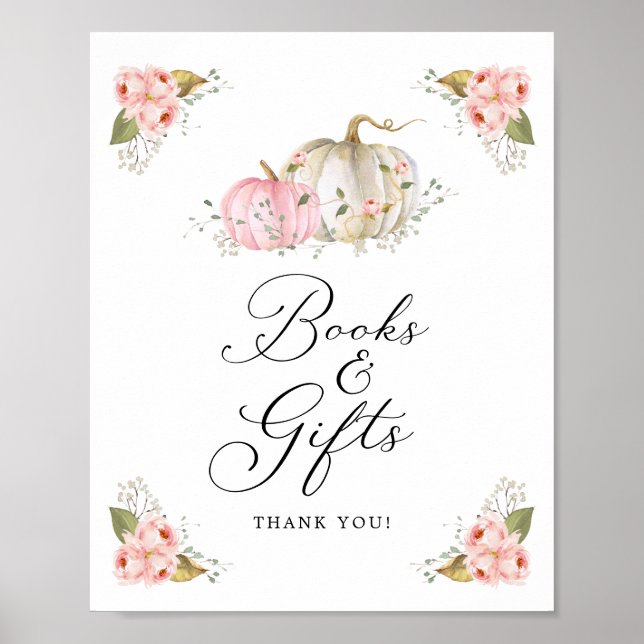 Pink Pumpkin Baby Shower Books and Gifts Sign (Front)