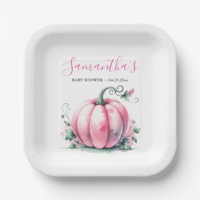 Pink Pumpkin Baby Shower Disposable Paper Plate (Front)
