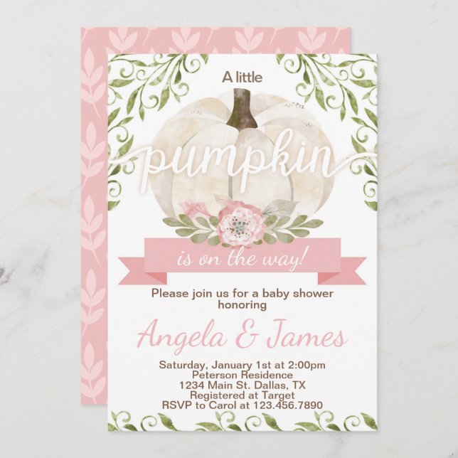 Pink Pumpkin Baby Shower Invitation Invite (Front/Back)