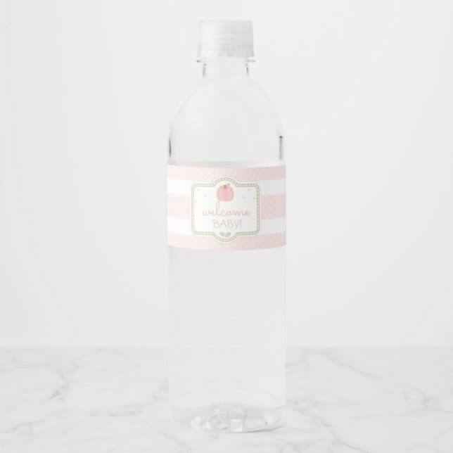 Pink Pumpkin Baby Shower Water Bottle Label (Front)