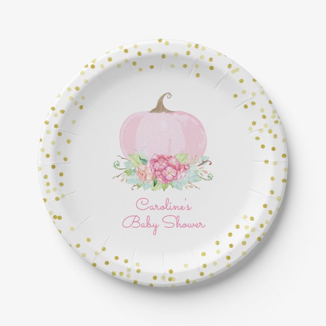 Pink Pumpkin Baby Shower Watercolor Floral Paper Plate (Front)