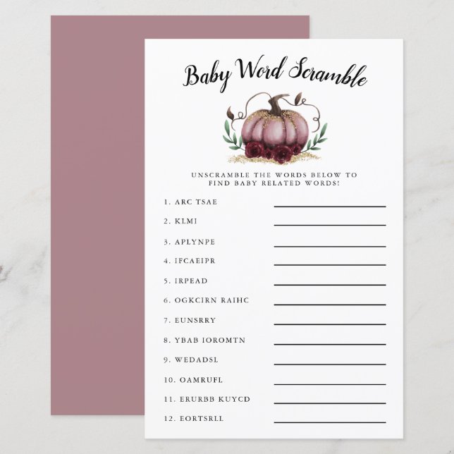 Pink Pumpkin Baby Word Scramble Game (Front/Back)
