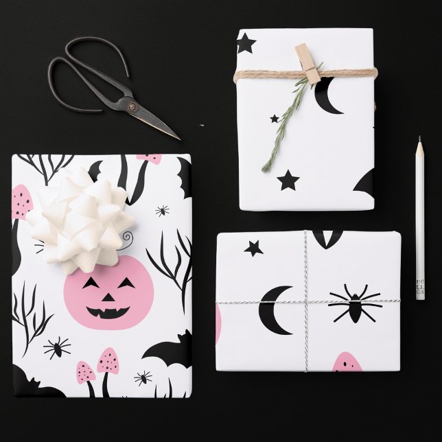 Pink Pumpkin & Bat Modern Halloween Gift Wrap (Creator Uploaded)
