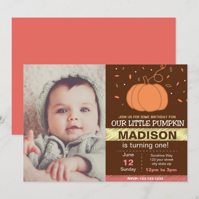 Pink Pumpkin Birthday Invitation with Photo (Front/Back)