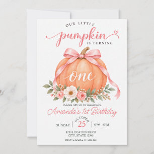 Pink Pumpkin Bow Floral First Birthday Invitation